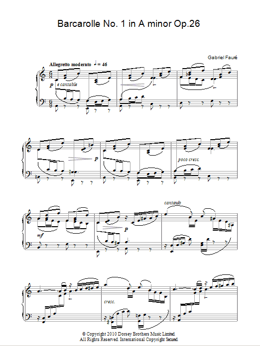 Gabriel Fauré Barcarolle No.1 In A Minor Op.26 sheet music, chords, lyrics - Printable PDF for Piano