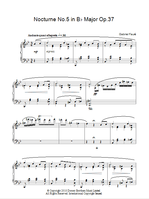 Gabriel Fauré Nocturne No.5 In B Flat Major Op.37 sheet music, chords, lyrics - Printable PDF for Piano