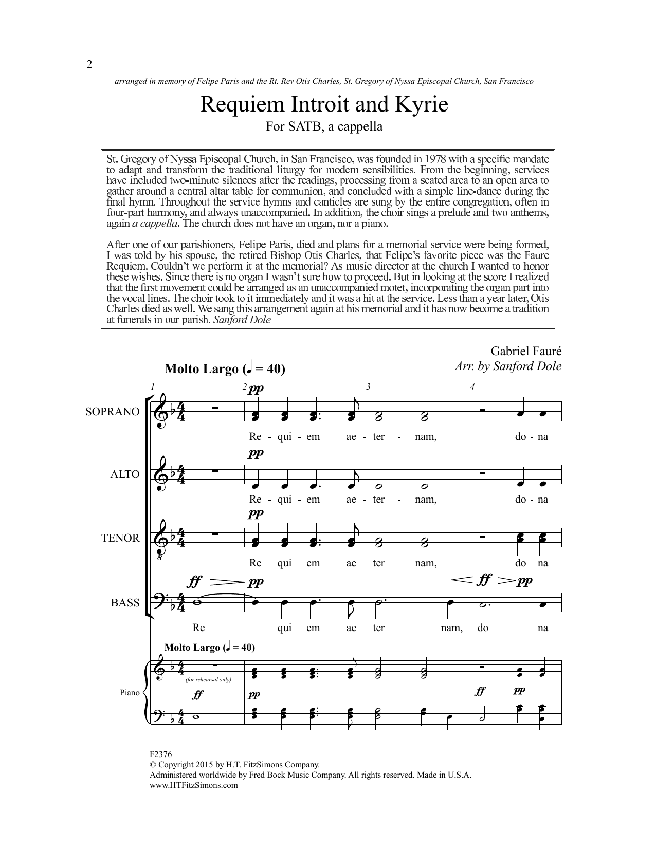 Gabriel Faure Requiem, Introit And Kyrie (arr. Sanford Dole) sheet music, chords, lyrics - Printable PDF for SATB Choir