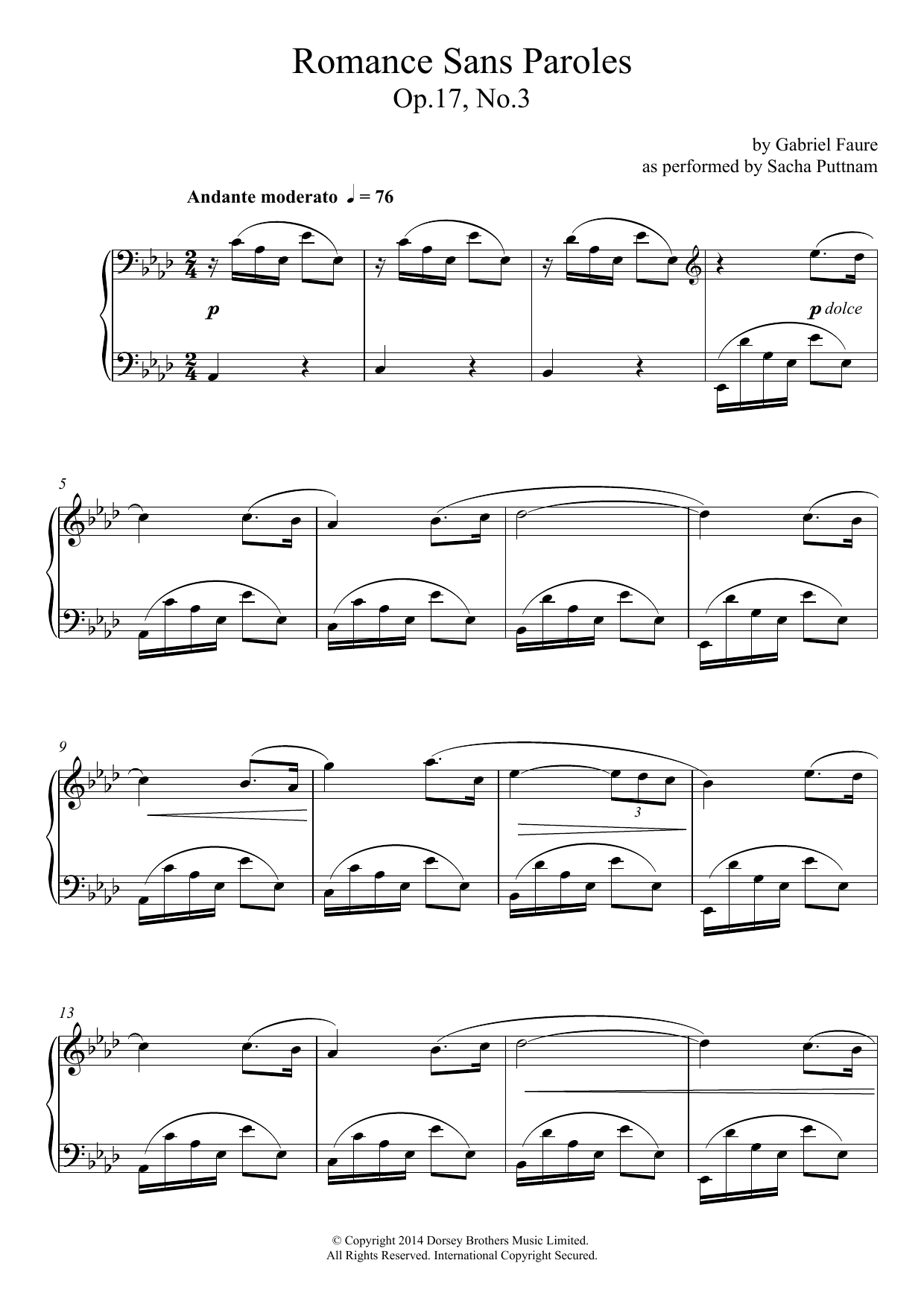 Gabriel Fauré Romance Sans Paroles Op.17, No.3 (as performed by Sacha Puttnam) sheet music, chords, lyrics - Printable PDF for Piano