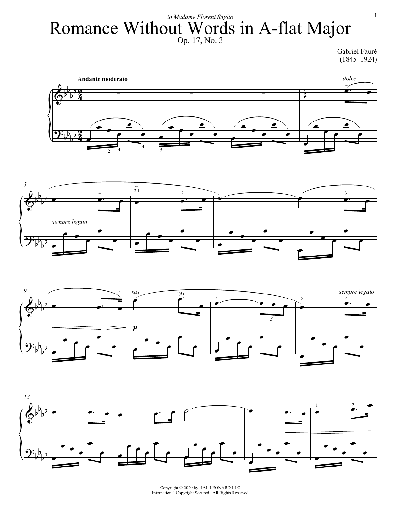 Gabriel Faure Romance Sans Paroles, Op. 17, No. 3 (Song Without Words) sheet music, chords, lyrics - Printable PDF for Educational Piano