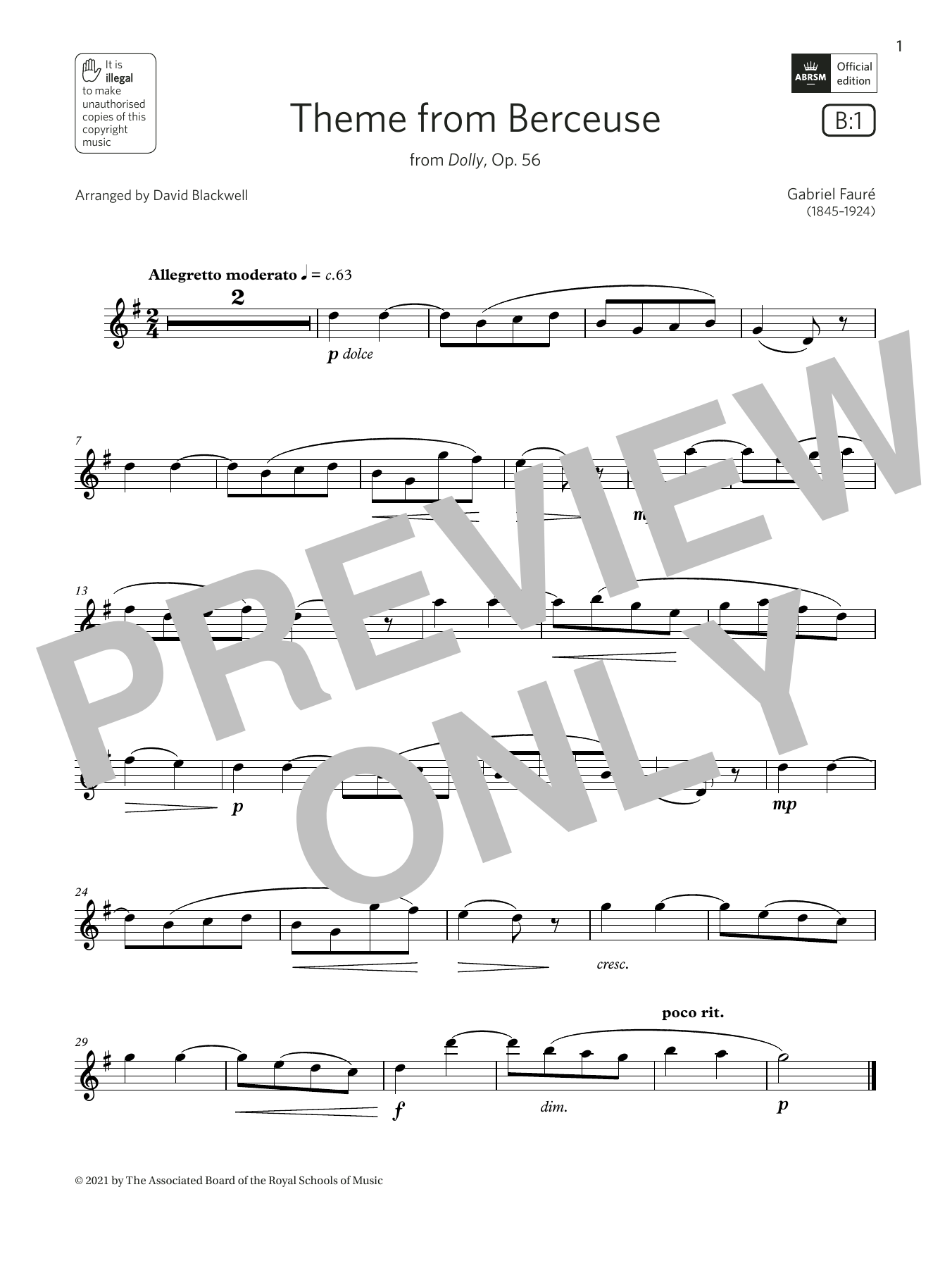 Gabriel Faure Theme from Berceuse (from Dolly, Op. 56) (Grade 2 List B1 from the ABRSM Flute syllabus from 2022) sheet music, chords, lyrics - Printable PDF for Flute Solo