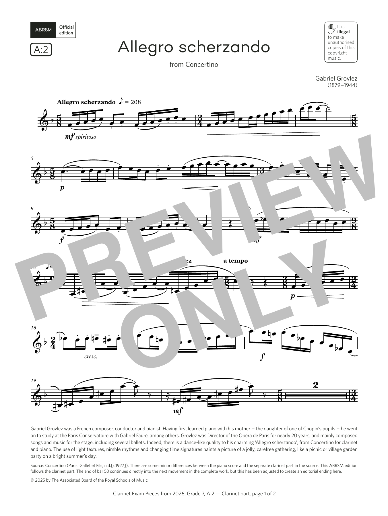Gabriel Grovlez Allegro scherzando (Grade 7, list A2, from the ABRSM Clarinet Syllabus from 2026) sheet music, chords, lyrics - Printable PDF for Clarinet Solo