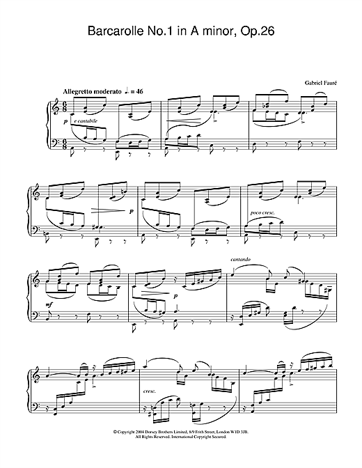 Learn to play Gabriel Fauré Barcarolle No.1 in A minor, Op.26 sheet music for Piano in minutes. Gabriel Fauré Barcarolle No.1 in A minor, Op.26 sheet music notes and chords