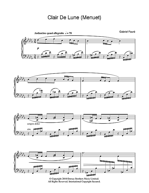 Learn to play Gabriel Fauré Minuet From Clair De Lune sheet music for Piano in minutes. Gabriel Fauré Minuet From Clair De Lune sheet music preview music notes and score for Piano including 6 page(s)