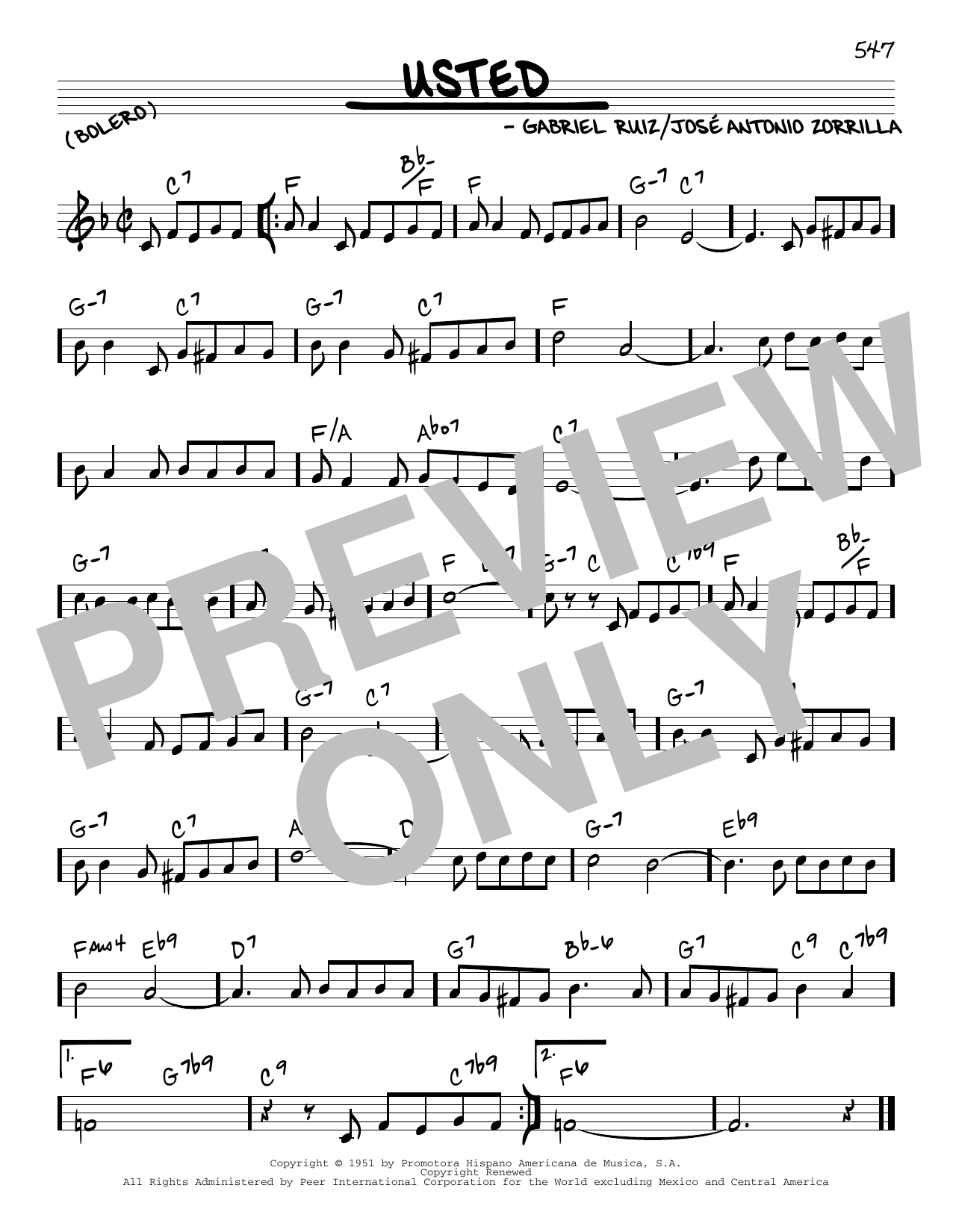 Learn to play Gabriel Ruiz Usted sheet music for Real Book – Melody & Chords in minutes. Gabriel Ruiz Usted sheet music preview music notes and score for Real Book – Melody & Chords including 1 page(s)