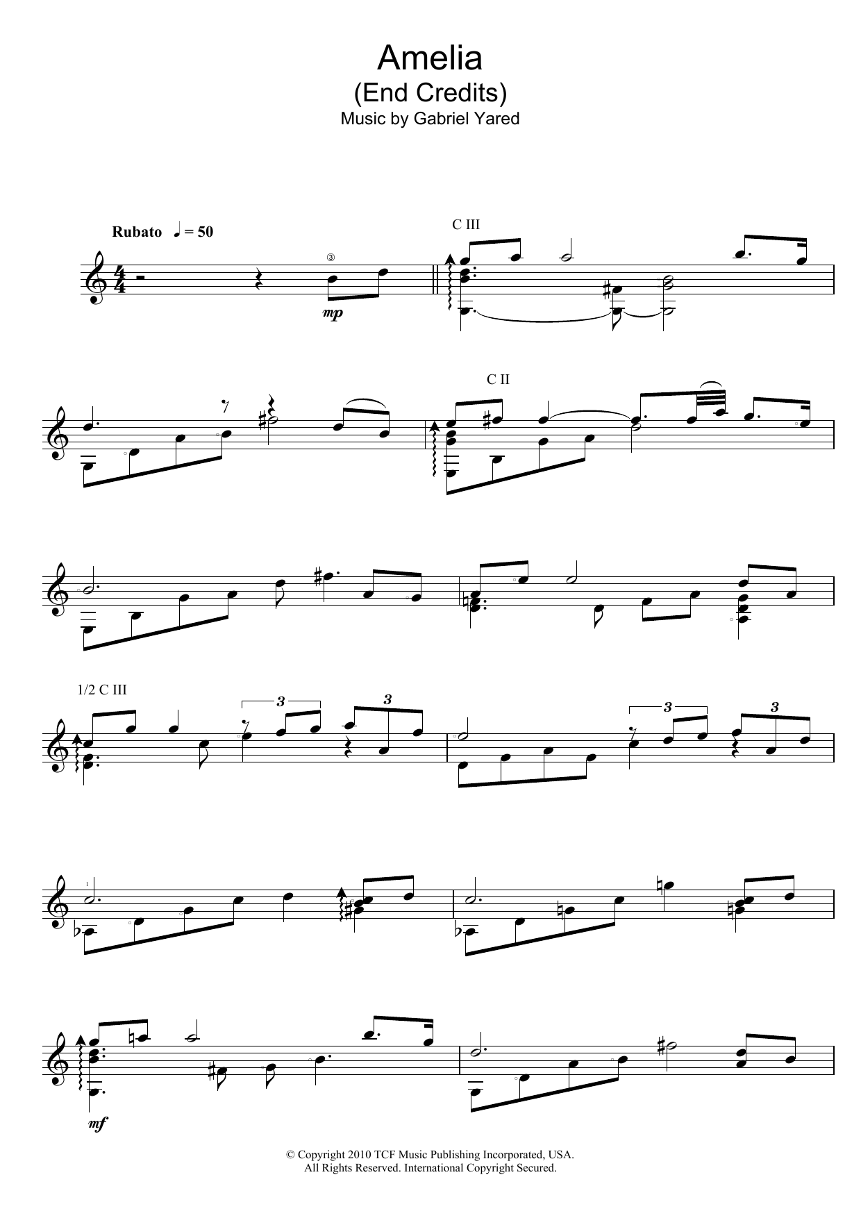 Gabriel Yared Amelia (End Credits) sheet music preview music notes and score for Guitar including 2 page(s)