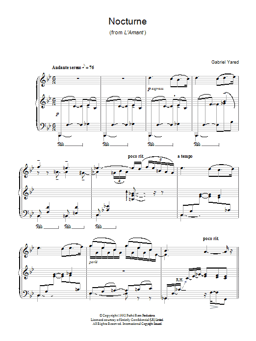 Gabriel Yared Nocturne (from L'Amant) sheet music preview music notes and score for Piano including 5 page(s)