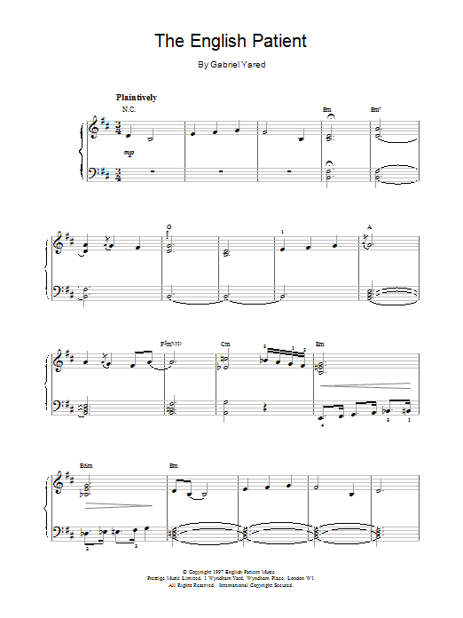 Learn to play Gabriel Yared The English Patient sheet music for Beginner Piano in minutes. Gabriel Yared The English Patient sheet music preview music notes and score for Beginner Piano including 3 page(s)