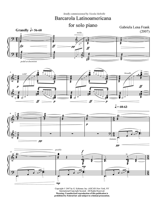 Learn to play Gabriela Lena Frank Barcarola Latinoamericana sheet music for Piano in minutes. Gabriela Lena Frank Barcarola Latinoamericana sheet music notes and chords