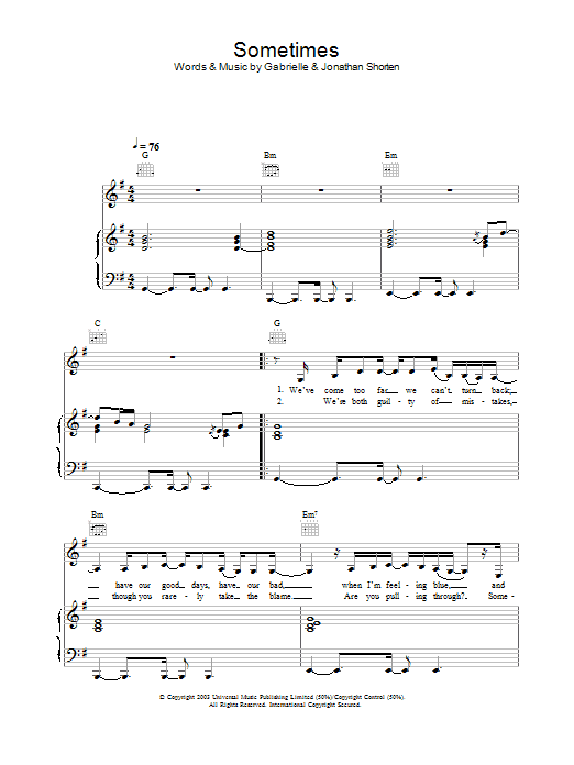 Learn to play Gabrielle Sometimes sheet music for Piano, Vocal & Guitar in minutes. Gabrielle Sometimes sheet music preview music notes and score for Piano, Vocal & Guitar including 6 page(s)