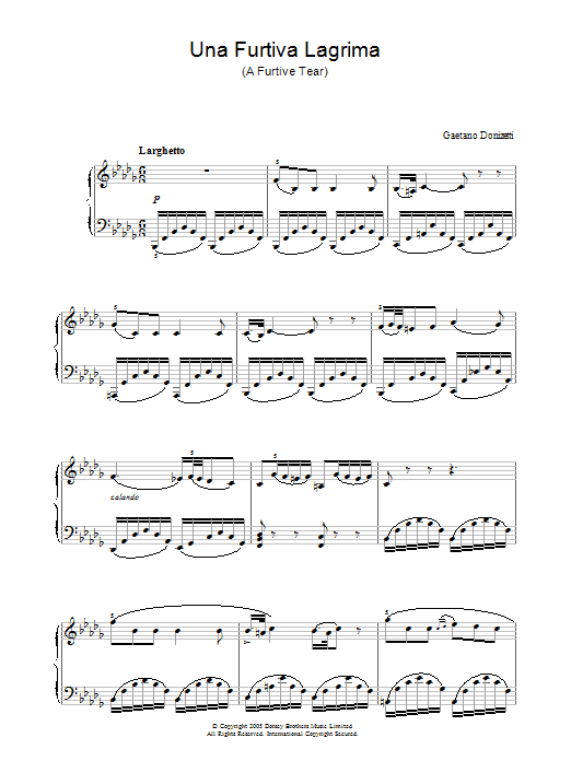 Gaetano Donizetti Una Furtiva Lagrima (A Furtive Tear) sheet music preview music notes and score for Piano including 4 page(s)