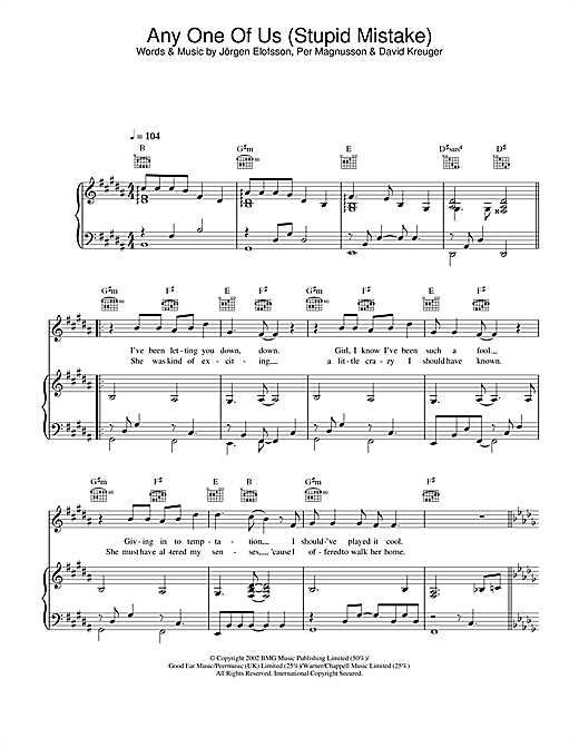 Learn to play Gareth Gates Any One Of Us (Stupid Mistake) sheet music for Lyrics Only in minutes. Gareth Gates Any One Of Us (Stupid Mistake) sheet music notes and chords