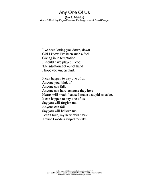 Learn to play Gareth Gates Any One Of Us (Stupid Mistake) sheet music for Melody Line, Lyrics & Chords in minutes. Gareth Gates Any One Of Us (Stupid Mistake) sheet music preview music notes and score for Melody Line, Lyrics & Chords including 3 page(s)