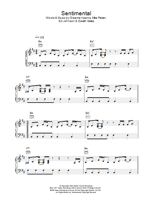 Learn to play Gareth Gates Sentimental sheet music for Piano, Vocal & Guitar in minutes. Gareth Gates Sentimental sheet music preview music notes and score for Piano, Vocal & Guitar including 5 page(s)