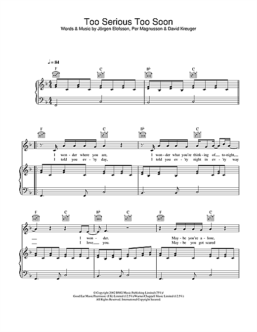 Learn to play Gareth Gates Too Serious Too Soon sheet music for Piano, Vocal & Guitar in minutes. Gareth Gates Too Serious Too Soon sheet music notes and chords