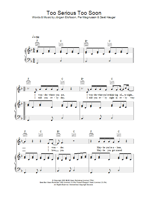 Learn to play Gareth Gates Too Serious Too Soon sheet music for Piano, Vocal & Guitar in minutes. Gareth Gates Too Serious Too Soon sheet music preview music notes and score for Piano, Vocal & Guitar including 6 page(s)