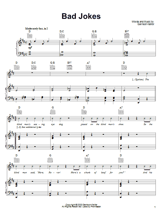 Learn to play Garrison Keillor Bad Jokes sheet music for Piano, Vocal & Guitar (Right-Hand Melody) in minutes. Garrison Keillor Bad Jokes sheet music preview music notes and score for Piano, Vocal & Guitar (Right-Hand Melody) including 3 page(s)