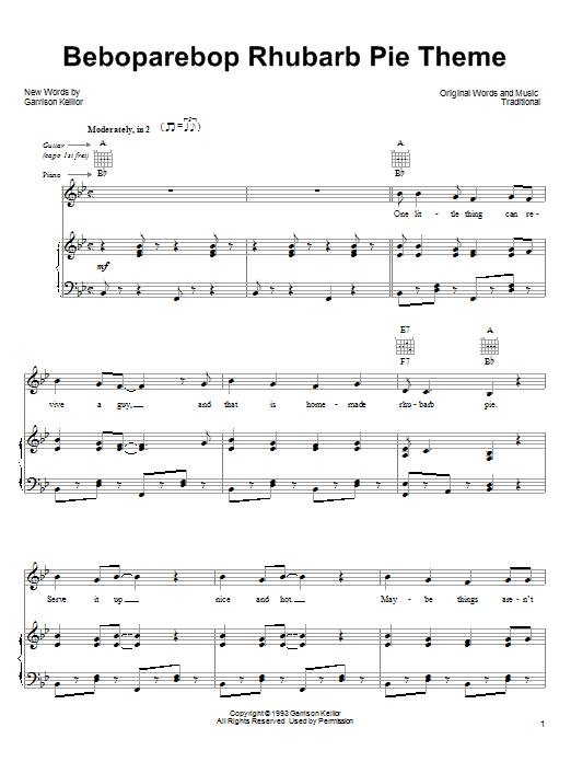 Learn to play Garrison Keillor Beboparebop Rhubarb Pie Theme sheet music for Piano, Vocal & Guitar (Right-Hand Melody) in minutes. Garrison Keillor Beboparebop Rhubarb Pie Theme sheet music notes and chords