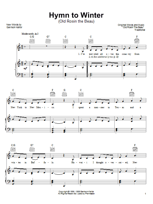 Learn to play Garrison Keillor Hymn To Winter sheet music for Piano, Vocal & Guitar (Right-Hand Melody) in minutes. Garrison Keillor Hymn To Winter sheet music notes and chords