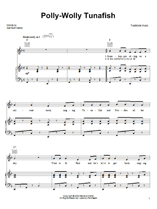 Learn to play Garrison Keillor Polly-Wolly Tunafish sheet music for Piano, Vocal & Guitar (Right-Hand Melody) in minutes. Garrison Keillor Polly-Wolly Tunafish sheet music notes and chords
