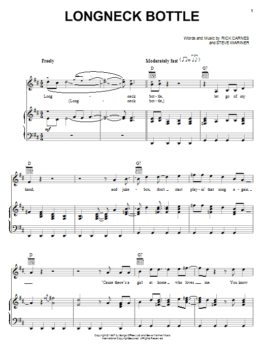 Garth Brooks Longneck Bottle sheet music preview music notes and score for Piano, Vocal & Guitar (Right-Hand Melody) including 5 page(s)
