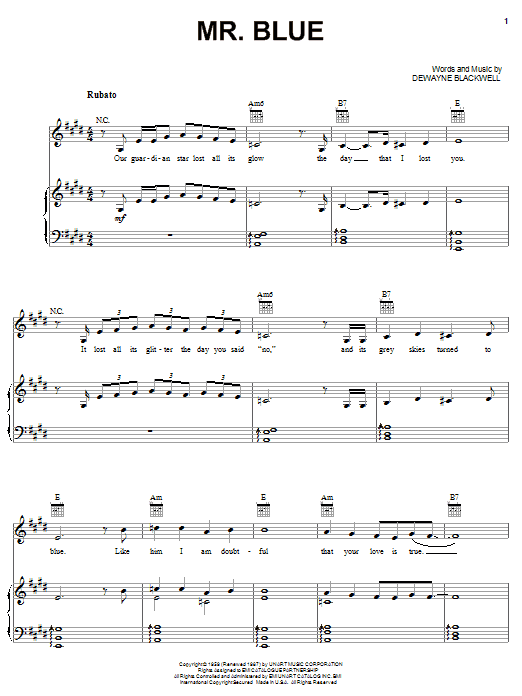 Learn to play Garth Brooks Mr. Blue sheet music for Piano, Vocal & Guitar (Right-Hand Melody) in minutes. Garth Brooks Mr. Blue sheet music preview music notes and score for Piano, Vocal & Guitar (Right-Hand Melody) including 5 page(s)