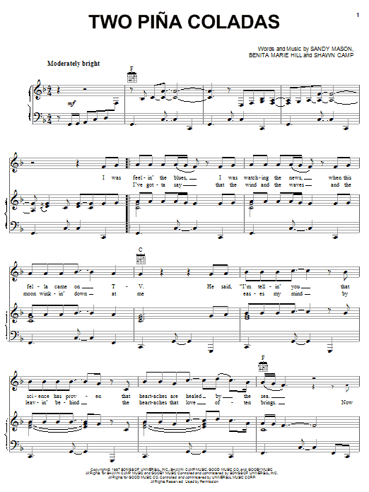 Learn to play Garth Brooks Two Pina Coladas sheet music for Piano, Vocal & Guitar (Right-Hand Melody) in minutes. Garth Brooks Two Pina Coladas sheet music preview music notes and score for Piano, Vocal & Guitar (Right-Hand Melody) including 4 page(s)
