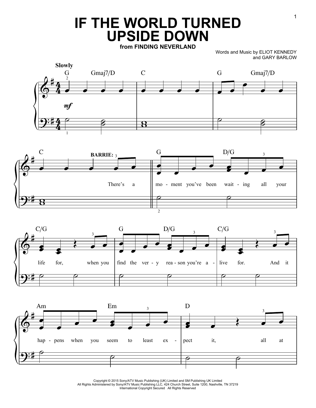 Gary Barlow & Eliot Kennedy If The World Turned Upside Down (from 'Finding Neverland') sheet music, chords, lyrics - Printable PDF for Easy Piano