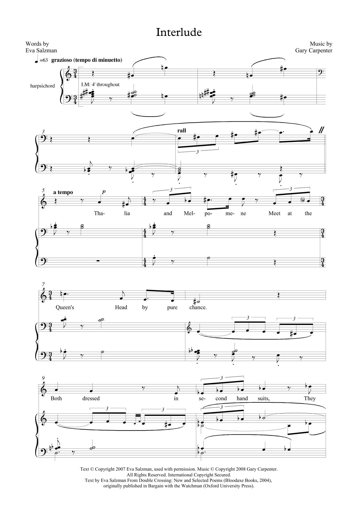 Gary Carpenter Interlude (for mezzo-soprano & harpsichord) sheet music, chords, lyrics - Printable PDF for Piano & Vocal