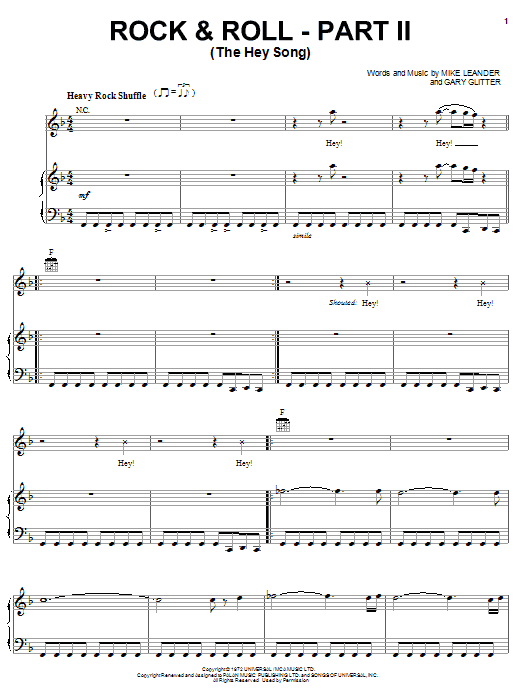 Learn to play Gary Glitter Rock & Roll - Part II (The Hey Song) sheet music for Piano, Vocal & Guitar (Right-Hand Melody) in minutes. Gary Glitter Rock & Roll - Part II (The Hey Song) sheet music preview music notes and score for Piano, Vocal & Guitar (Right-Hand Melody) including 4 page(s)
