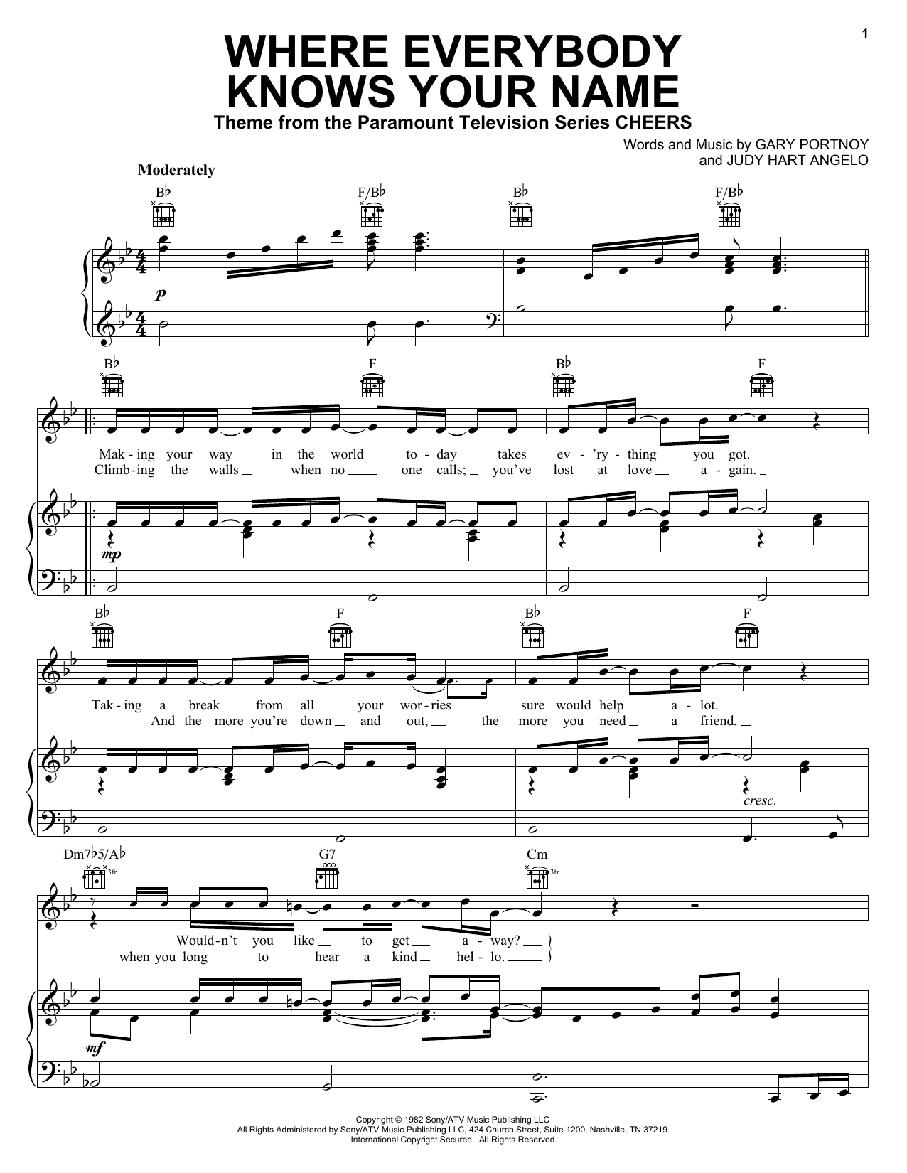 Gary Portnoy Where Everybody Knows Your Name (theme from Cheers) sheet music preview music notes and score for Piano including 2 page(s)