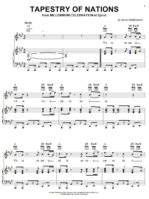 Learn to play Gavin Greenaway Tapestry Of Nations (from Disney World Millennium Celebration) sheet music for Piano, Vocal & Guitar (Right-Hand Melody) in minutes. Gavin Greenaway Tapestry Of Nations (from Disney World Millennium Celebration) sheet music notes and chords