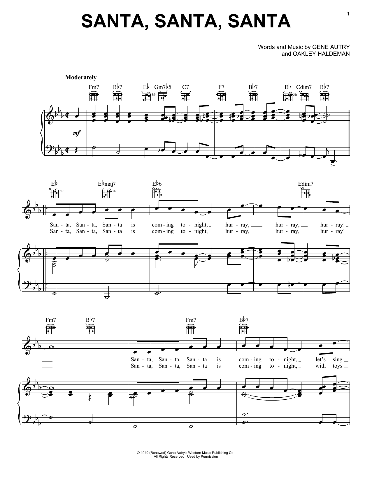Gene Autry Santa, Santa, Santa sheet music, chords, lyrics - Printable PDF for Piano, Vocal & Guitar (Right-Hand Melody)