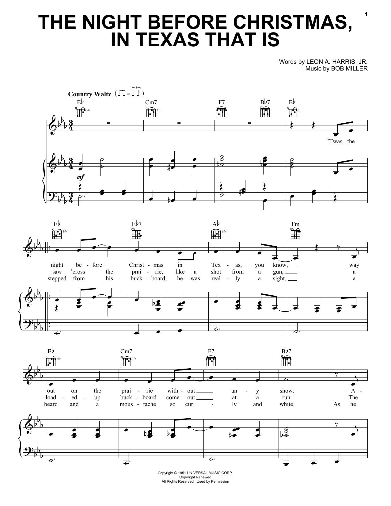 Gene Autry The Night Before Christmas, In Texas That Is sheet music, chords, lyrics - Printable PDF for Piano, Vocal & Guitar (Right-Hand Melody)