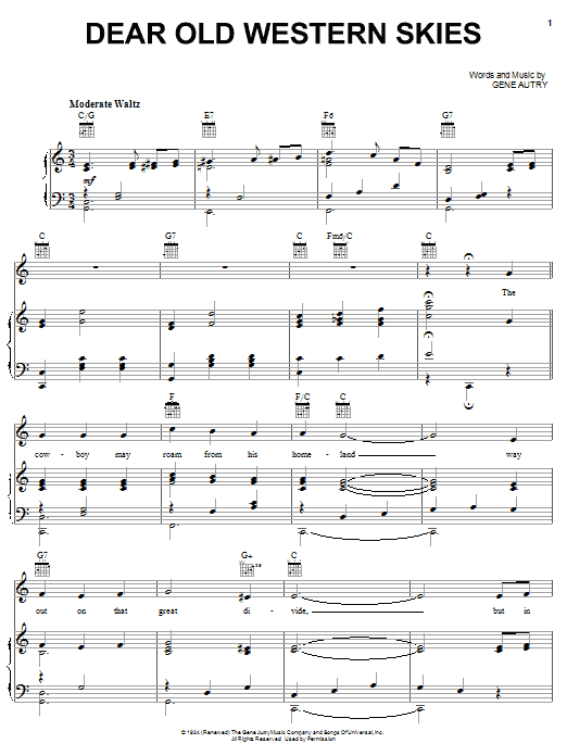 Learn to play Gene Autry Dear Old Western Skies sheet music for Piano, Vocal & Guitar (Right-Hand Melody) in minutes. Gene Autry Dear Old Western Skies sheet music notes and chords