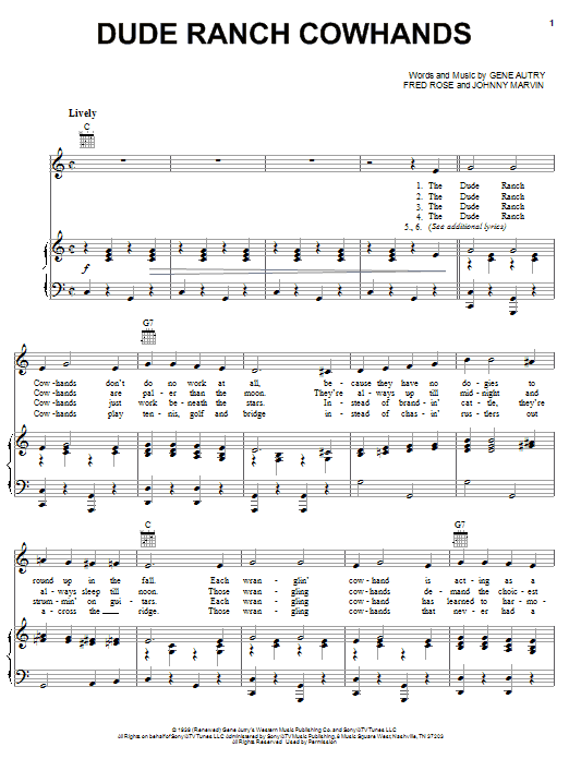 Learn to play Gene Autry Dude Ranch Cowhands sheet music for Piano, Vocal & Guitar (Right-Hand Melody) in minutes. Gene Autry Dude Ranch Cowhands sheet music notes and chords