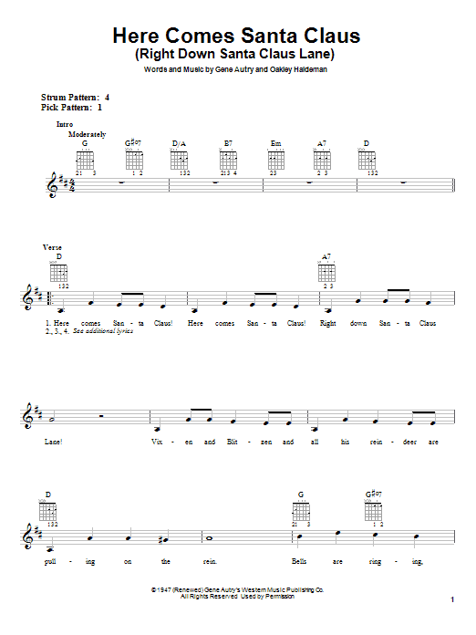 Learn to play Gene Autry Here Comes Santa Claus (Right Down Santa Claus Lane) sheet music for Bass Guitar Tab in minutes. Gene Autry Here Comes Santa Claus (Right Down Santa Claus Lane) sheet music preview music notes and score for Bass Guitar Tab including 2 page(s)
