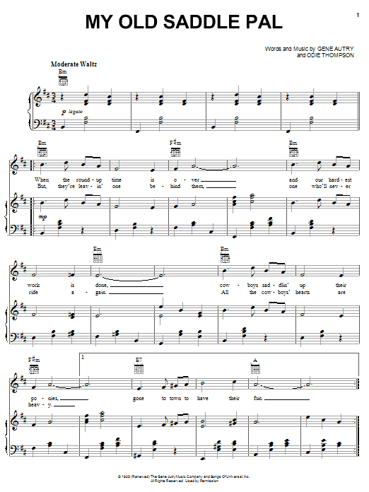 Learn to play Gene Autry My Old Saddle Pal sheet music for Piano, Vocal & Guitar (Right-Hand Melody) in minutes. Gene Autry My Old Saddle Pal sheet music notes and chords