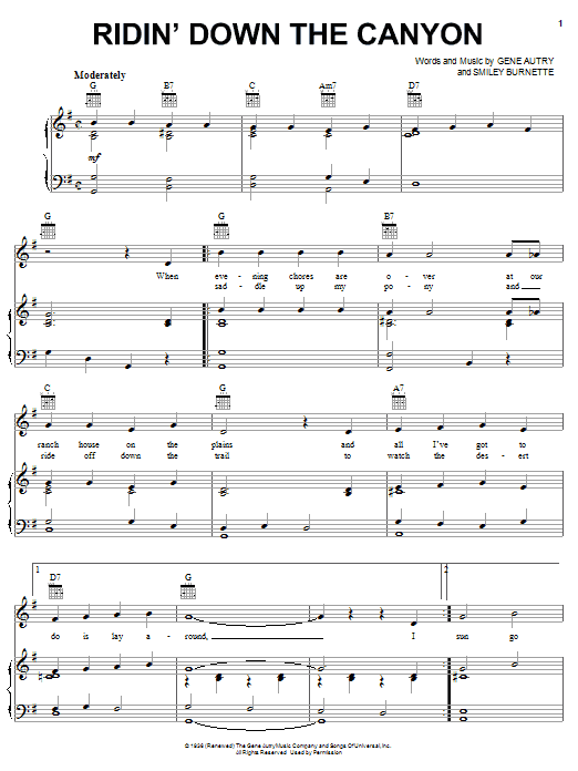 Learn to play Gene Autry Ridin' Down The Canyon sheet music for Piano, Vocal & Guitar (Right-Hand Melody) in minutes. Gene Autry Ridin' Down The Canyon sheet music notes and chords