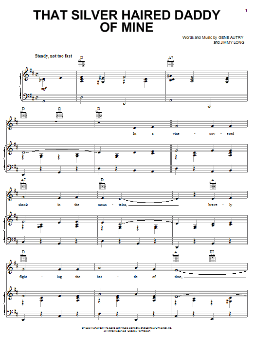 Learn to play Gene Autry and Jimmy Long That Silver Haired Daddy Of Mine sheet music for Piano, Vocal & Guitar (Right-Hand Melody) in minutes. Gene Autry and Jimmy Long That Silver Haired Daddy Of Mine sheet music notes and chords