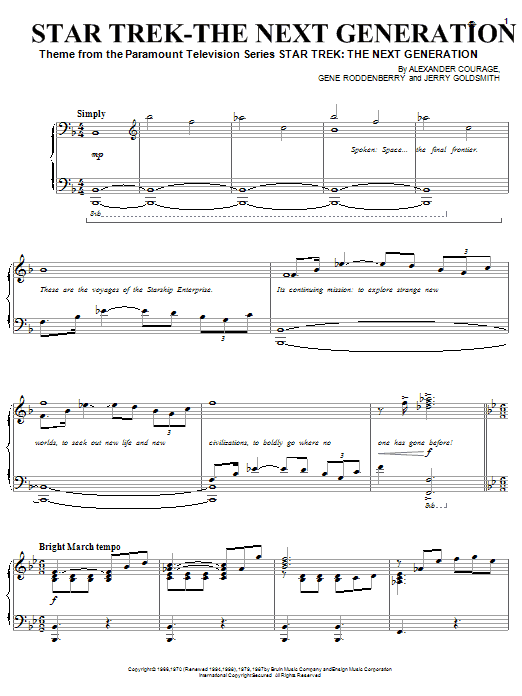 Learn to play Gene Roddenberry Star Trek - The Next Generation(R) sheet music for Piano (Big Notes) in minutes. Gene Roddenberry Star Trek - The Next Generation(R) sheet music preview music notes and score for Piano (Big Notes) including 4 page(s)