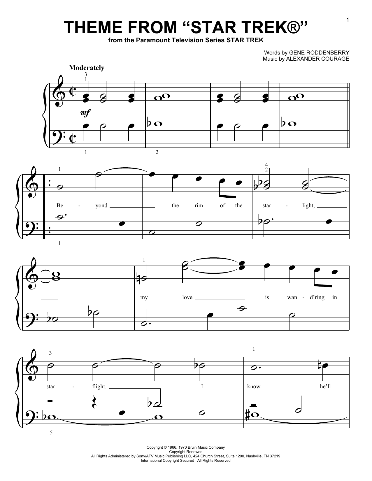 Gene Roddenberry Theme from Star Trek(R) sheet music preview music notes and score for Easy Piano including 5 page(s)