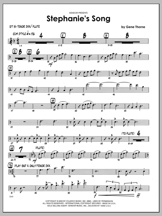 Learn to play Gene Thorne Stephanie's Song - 1st Bb Tenor Saxophone sheet music for Jazz Ensemble in minutes. Gene Thorne Stephanie's Song - 1st Bb Tenor Saxophone sheet music preview music notes and score for Jazz Ensemble including 2 page(s)