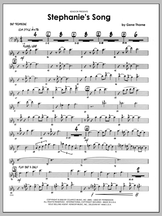 Learn to play Gene Thorne Stephanie's Song - 2nd Trombone sheet music for Jazz Ensemble in minutes. Gene Thorne Stephanie's Song - 2nd Trombone sheet music preview music notes and score for Jazz Ensemble including 2 page(s)