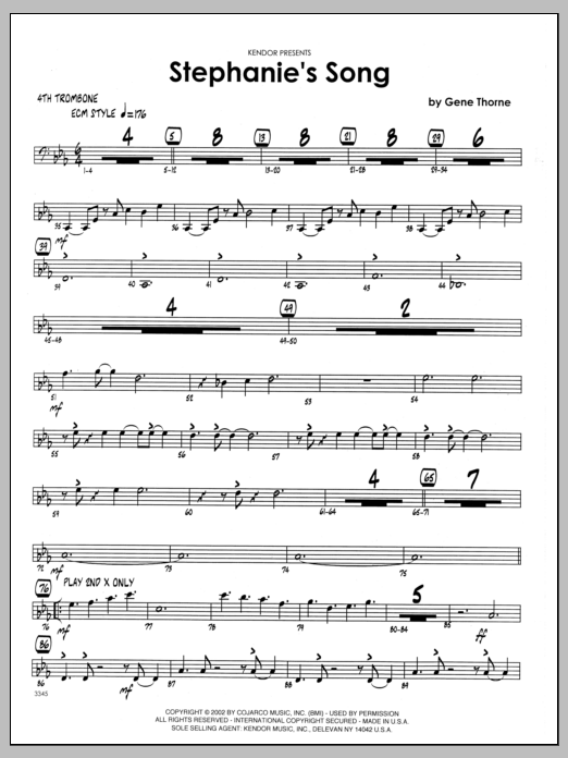 Learn to play Gene Thorne Stephanie's Song - 4th Trombone sheet music for Jazz Ensemble in minutes. Gene Thorne Stephanie's Song - 4th Trombone sheet music preview music notes and score for Jazz Ensemble including 2 page(s)