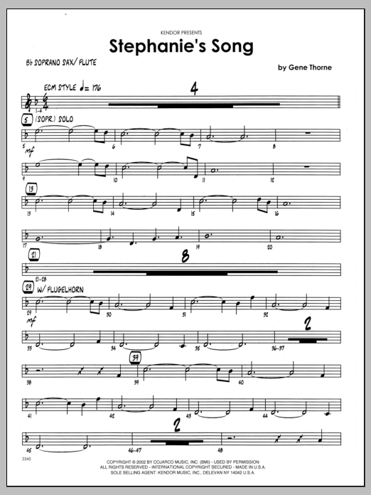 Learn to play Gene Thorne Stephanie's Song - Bb Soprano Sax sheet music for Jazz Ensemble in minutes. Gene Thorne Stephanie's Song - Bb Soprano Sax sheet music preview music notes and score for Jazz Ensemble including 3 page(s)