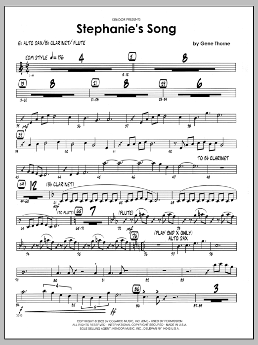 Learn to play Gene Thorne Stephanie's Song - Eb Alto Sax sheet music for Jazz Ensemble in minutes. Gene Thorne Stephanie's Song - Eb Alto Sax sheet music preview music notes and score for Jazz Ensemble including 2 page(s)