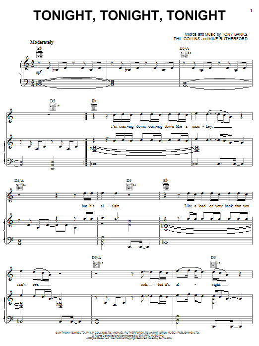 Learn to play Genesis Tonight, Tonight, Tonight sheet music for Piano, Vocal & Guitar (Right-Hand Melody) in minutes. Genesis Tonight, Tonight, Tonight sheet music notes and chords