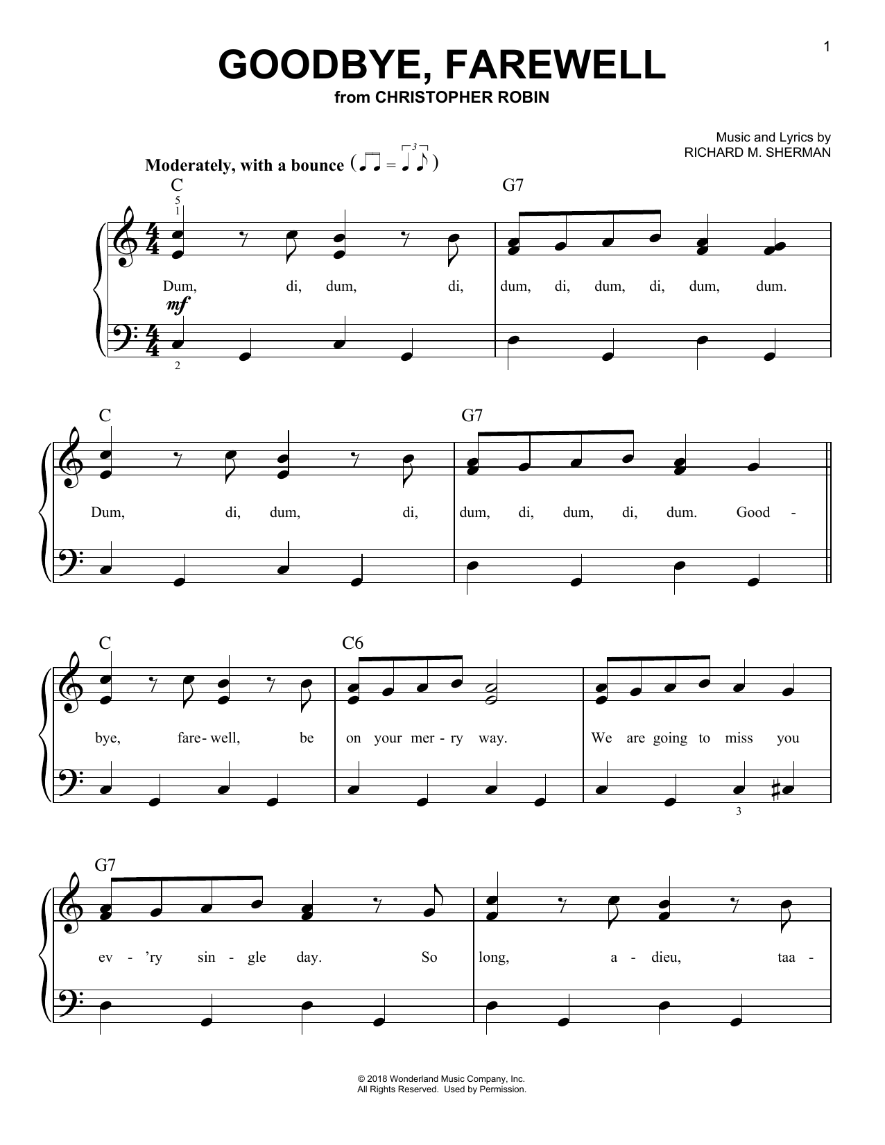 Geoff Zanelli & Jon Brion Goodbye, Farewell (from Christopher Robin) sheet music, chords, lyrics - Printable PDF for Easy Piano